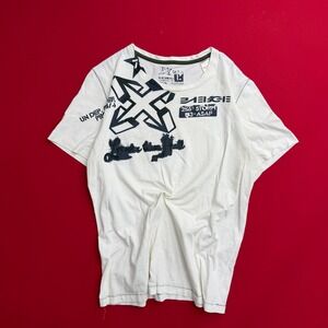 VTG Y2K Energie Men Graphic Shirt Cream Off White Industrial Storm Print Size L